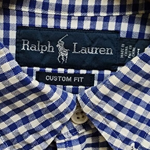 Ralph Lauren Shirt Mens Large Blue Gingham Check Cotton Button Tan Pony Preppy - Picture 10 of 11